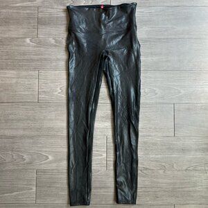 Spanx Faux Leather Black Space Gray Shiny Leggings Size M